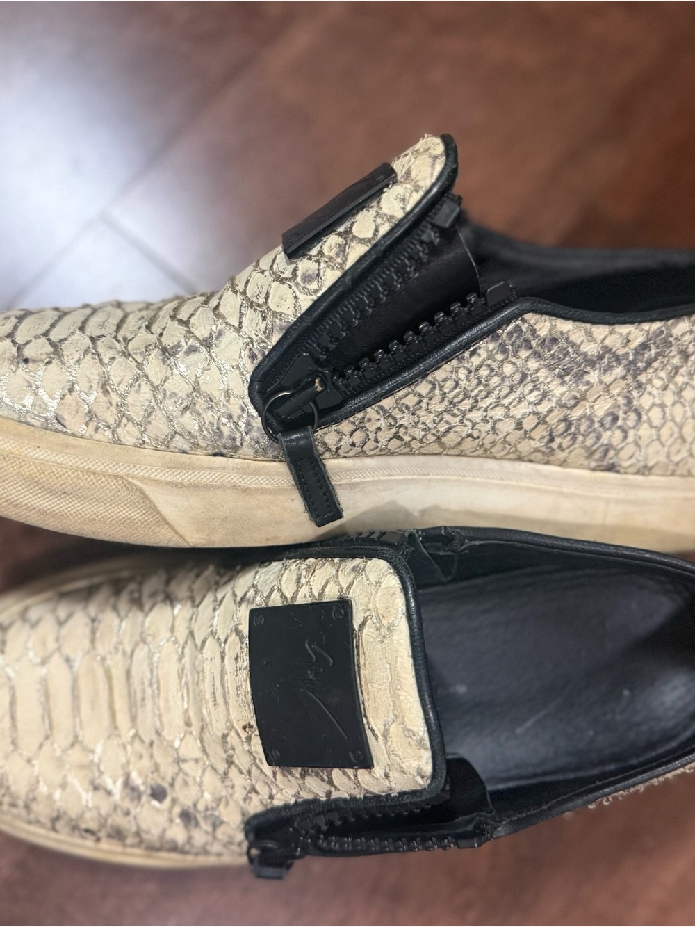 Giuseppe Zanotti Cream Snake-Embossed Slip-On Sneakers with Black Trim